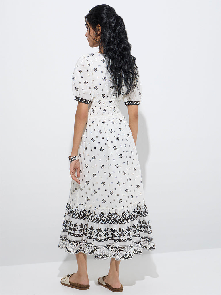 Westside Bombay Paisley Women's White Floral Design Cotton Tiered Dress for Everyday Back View