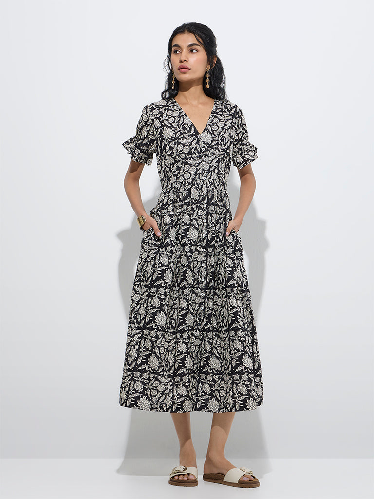 Westside Bombay Paisley Women's Black Botanical Design Cotton A-Line Dress for Everyday Full Model View
