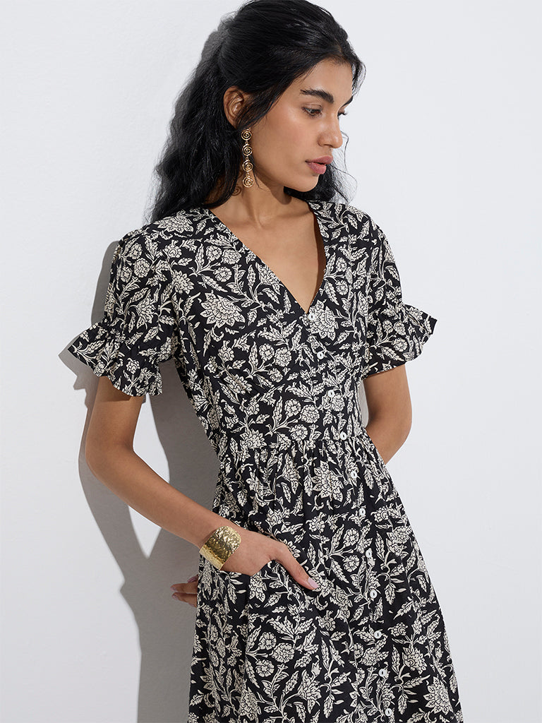 Westside Bombay Paisley Women's Black Botanical Design Cotton A-Line Dress for Everyday Zoom View