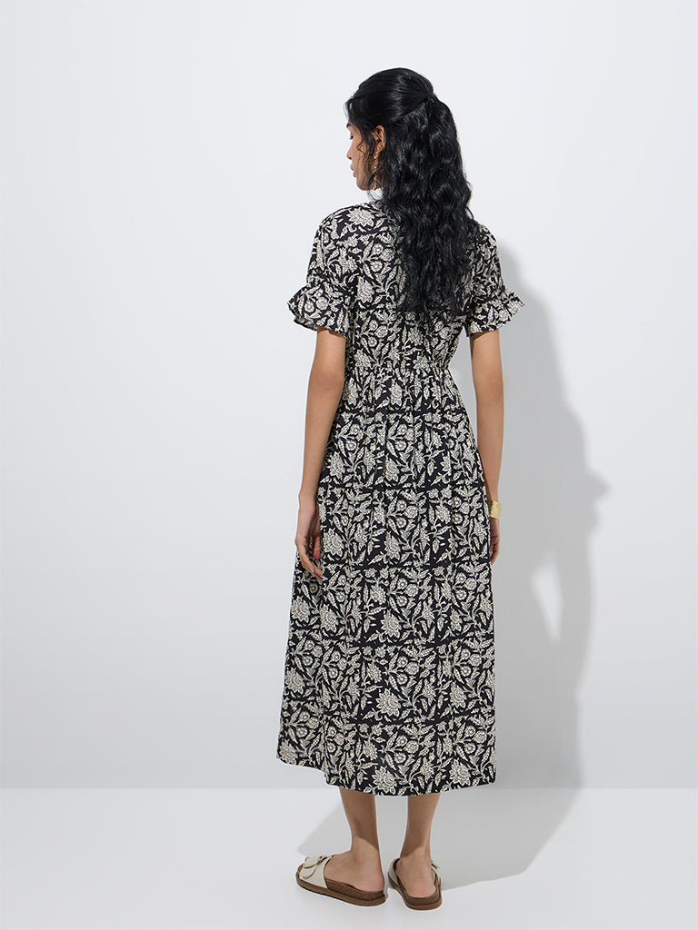 Westside Bombay Paisley Women's Black Botanical Design Cotton A-Line Dress for Everyday Back View