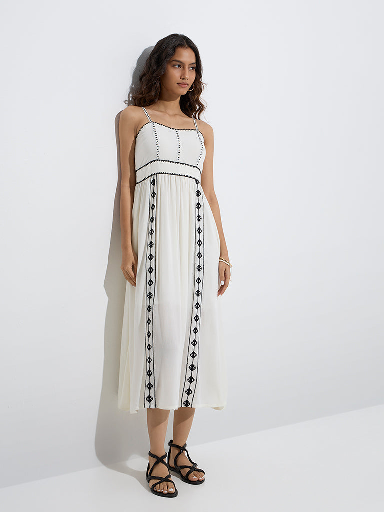 Westside Bombay Paisley Women's White Embroidered Cotton-Blend A-Line Dress for Everyday Front View