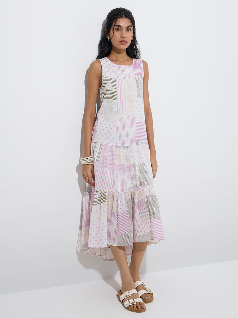 Westside Bombay Paisley Women's White Printed Cotton Drop-Waist Dress for Everyday Full Model View