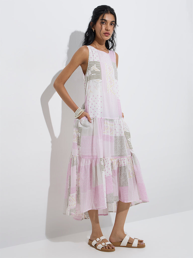 Westside Bombay Paisley Women's White Printed Cotton Drop-Waist Dress for Everyday Front View