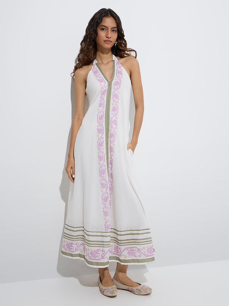 Westside Bombay Paisley Women's White Printed Design Cotton A-Line Dress for Everyday Full Model View