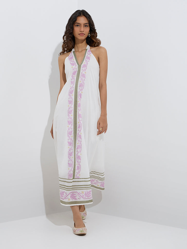 Westside Bombay Paisley Women's White Printed Design Cotton A-Line Dress for Everyday Front View