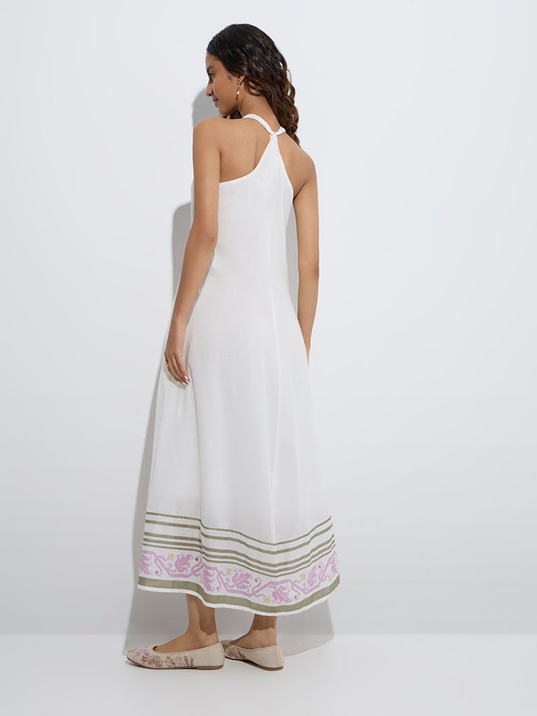 Westside Bombay Paisley Women's White Printed Design Cotton A-Line Dress for Everyday Back View