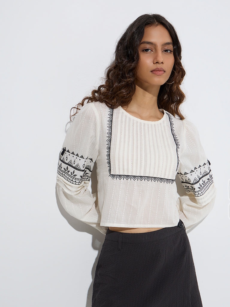 Westside Bombay Paisley Women's White Pintuck Detailed Cotton Top for Everyday Front View