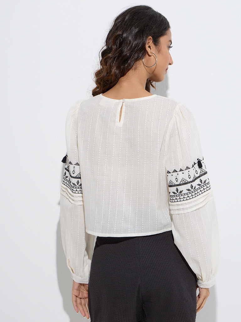 Westside Bombay Paisley Women's White Pintuck Detailed Cotton Top for Everyday Back View