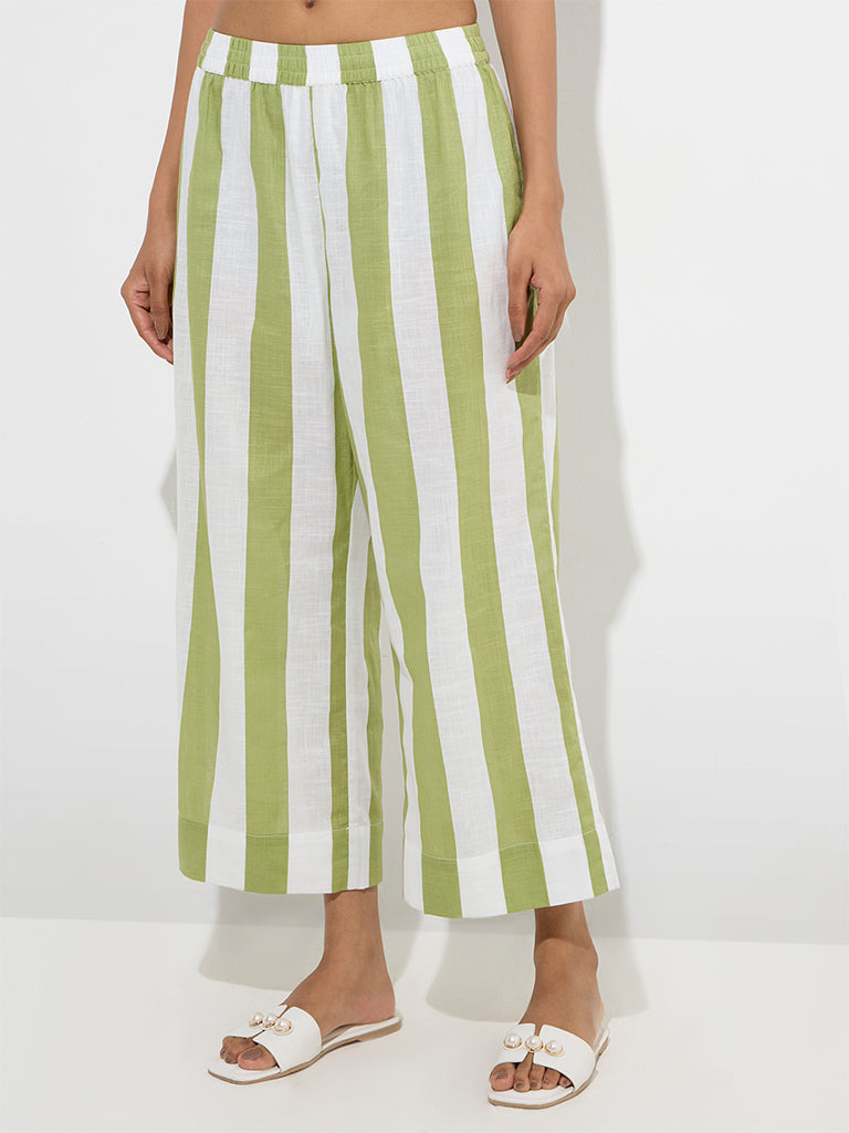 Utsa Olive Striped Cotton Ethnic Pants