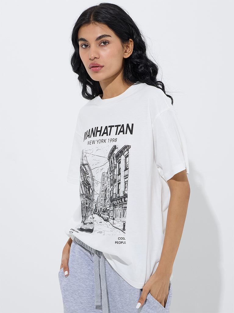 Superstar White Cityscape-Inspired Cotton T-Shirt