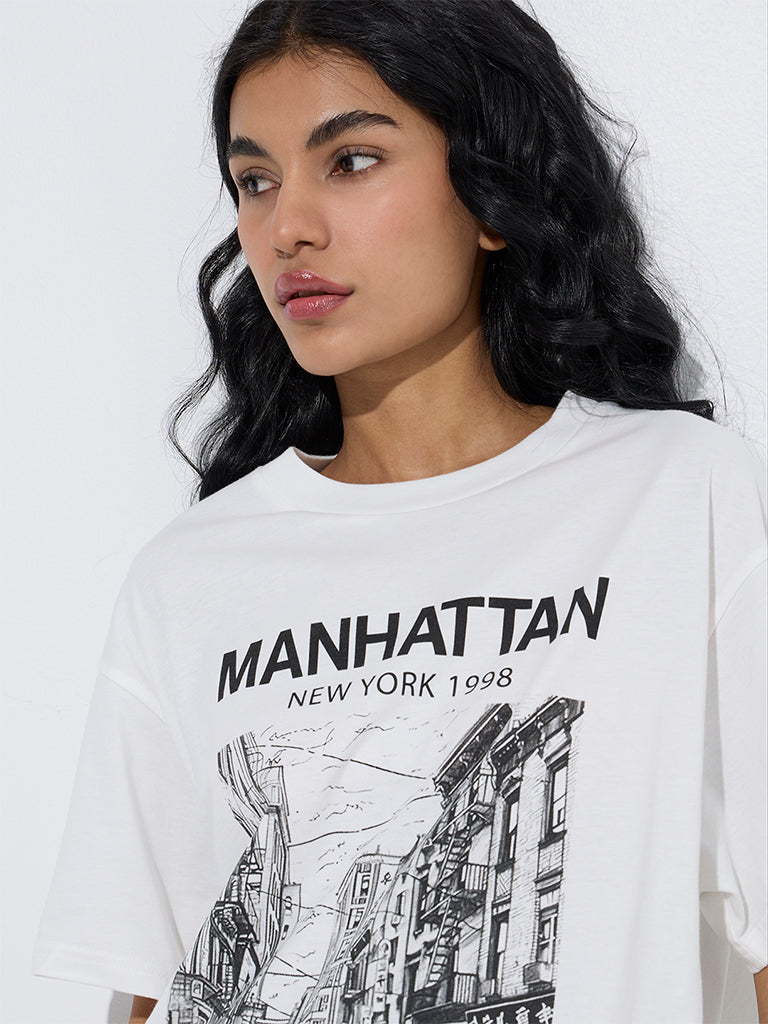 Superstar White Cityscape-Inspired Cotton T-Shirt
