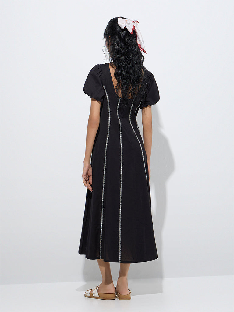 Westside Bombay Paisley Women's Black Embroidered Cotton-Blend A-Line Dress for Everyday Back View