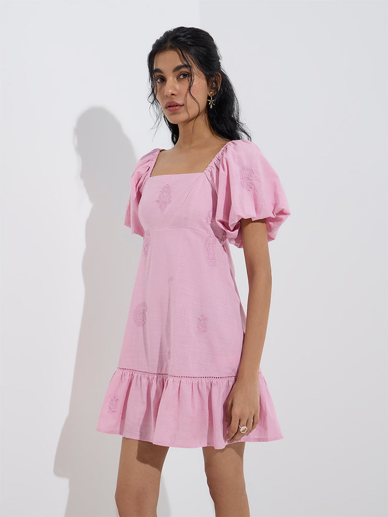Westside Bombay Paisley Women's Pink Embroidered A-Line Dress for Everyday Front View