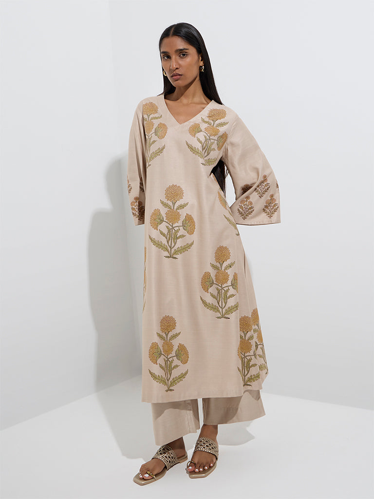 Westside Zuba Women's Yellow Floral Patterned A-Line Kurta for Work Wear Full Model View