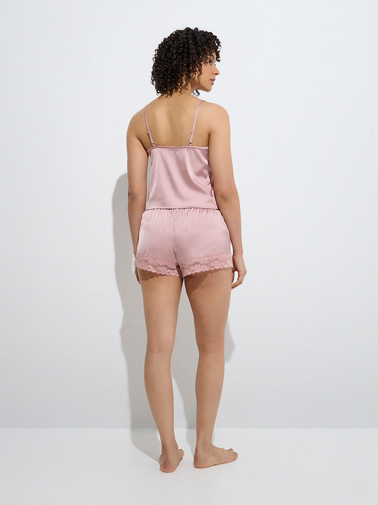 westisde Wunderlove Women's Dusty Pink Lace-Detailed Satin Shorts for Casual Wear Back View
