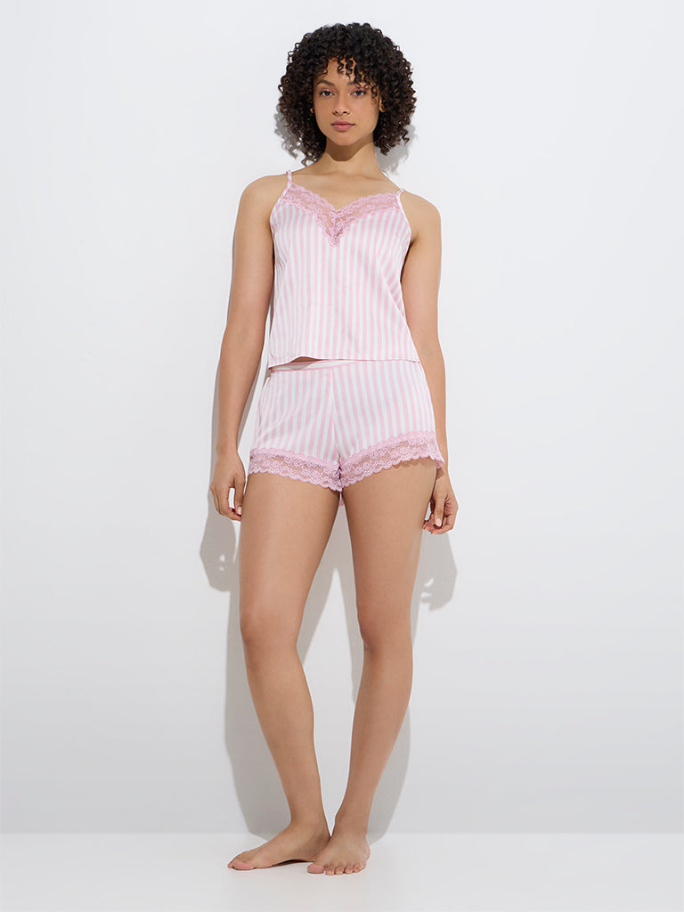 westisde Wunderlove Women's Pink Striped Lace-Detailed Satin Camisole for Casual Wear Full Model View