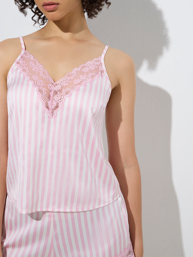 westisde Wunderlove Women's Pink Striped Lace-Detailed Satin Camisole for Casual Wear Zoom View