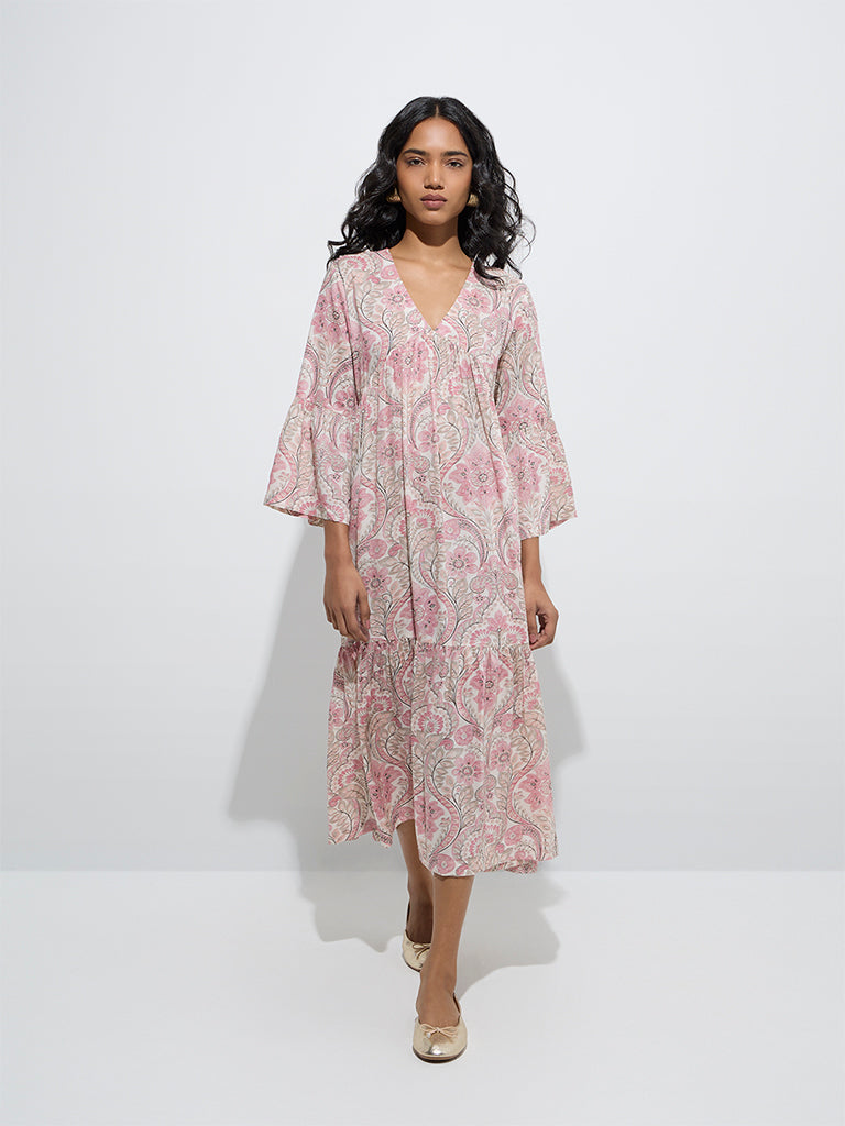 Westside Utsa Women's Peach Foliage Printed Cotton Tiered Dress for Work Wear Full Model View