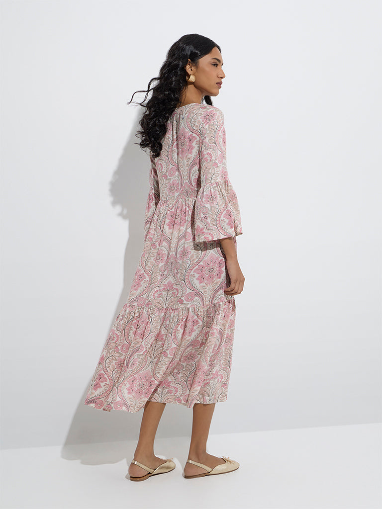 Westside Utsa Women's Peach Foliage Printed Cotton Tiered Dress for Work Wear Back View