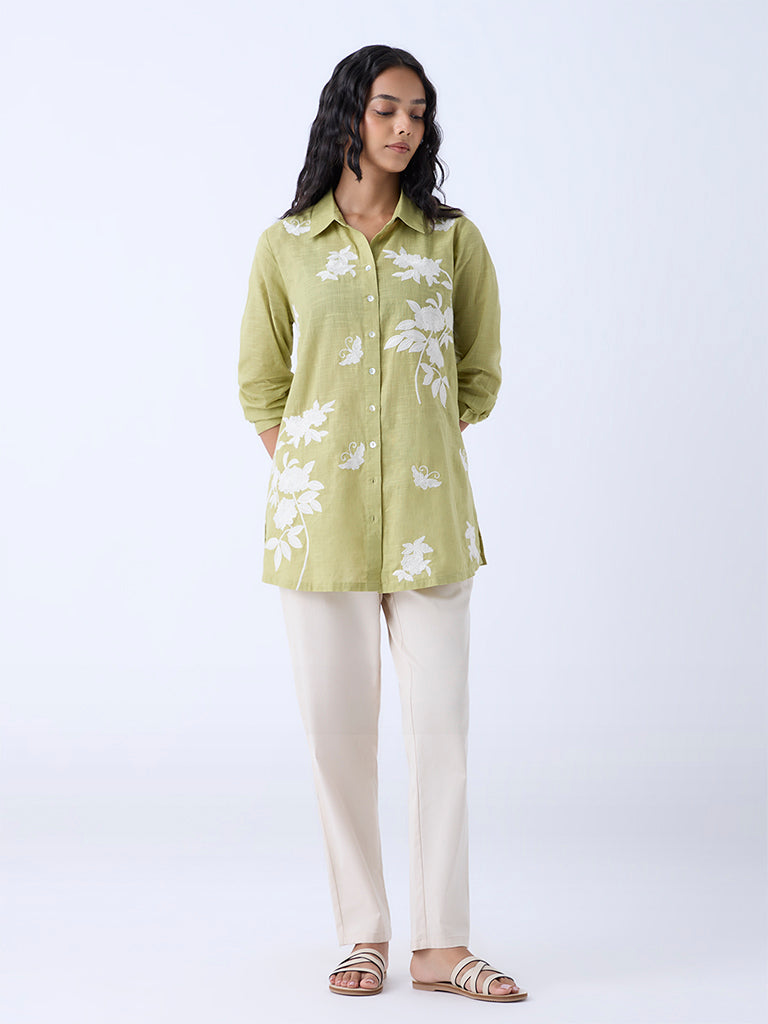 Westside Utsa Women's Lime Floral Embroidered Cotton Ethnic Tunic for Work Wear Front View