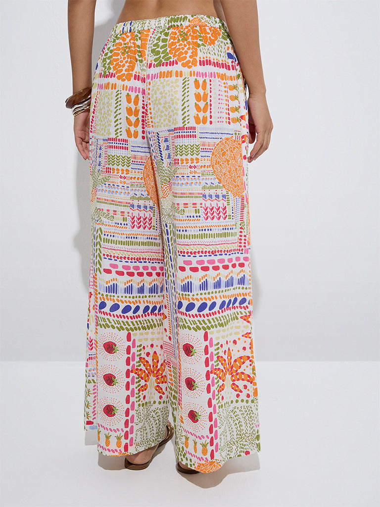 westisde Wunderlove Women's Multicolour High-Rise Cotton Beach Pants for Beachwear Back View