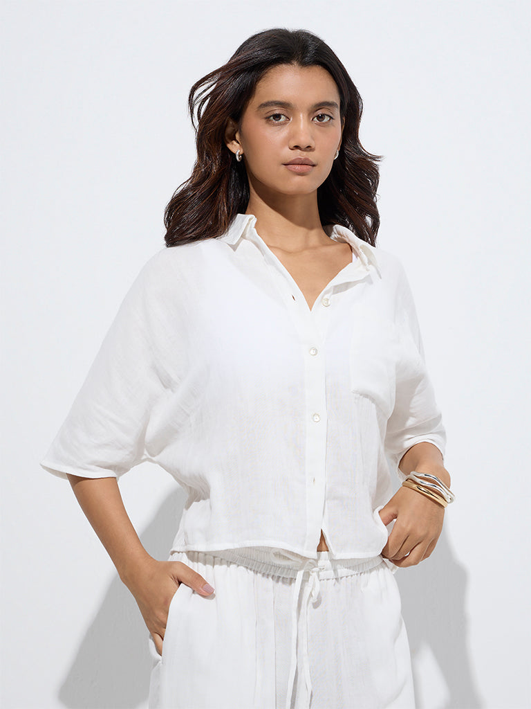 westisde Wunderlove Women's White Crinkle-Textured Cotton Beach Shirt for Beachwear Front View