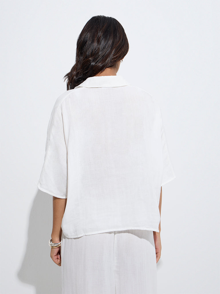 westisde Wunderlove Women's White Crinkle-Textured Cotton Beach Shirt for Beachwear Back View