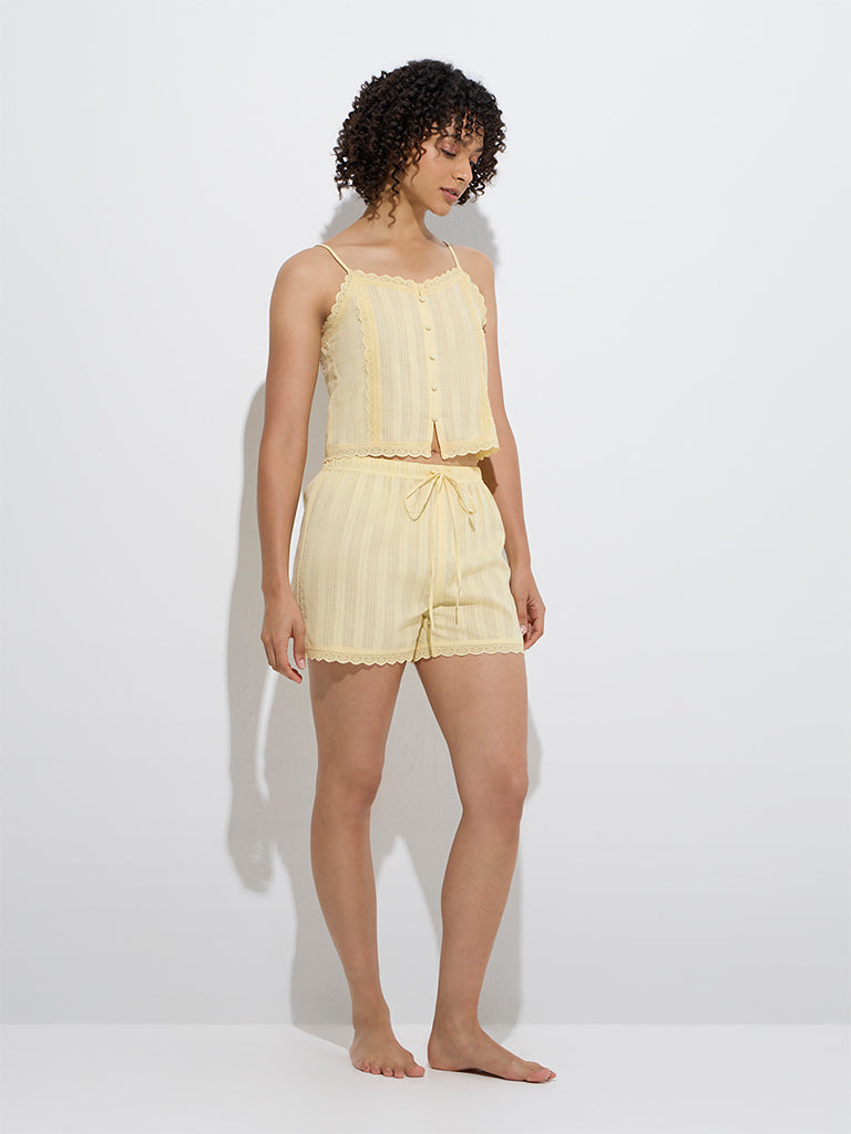 westisde Wunderlove Women's Yellow Lace-Detailed Cotton Camisole for Casual Wear Full Model View