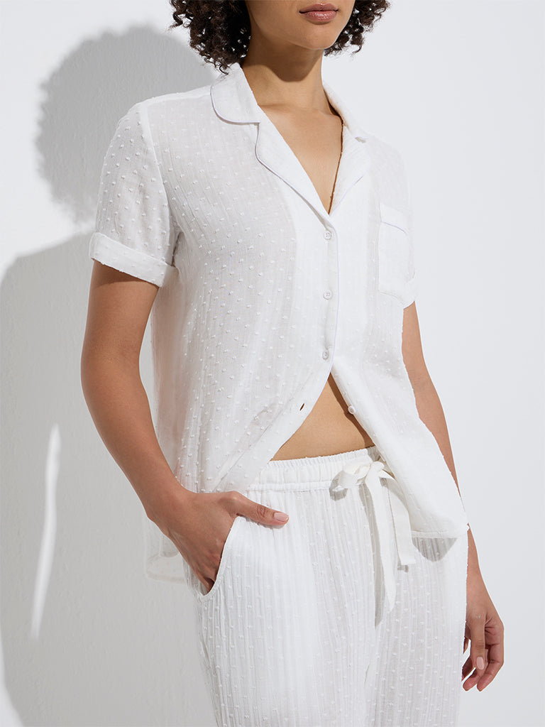 Wunderlove White Swiss-Dot Cotton Shirt with Pyjamas Set