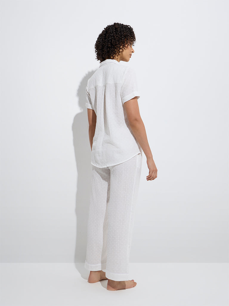 Wunderlove White Swiss-Dot Cotton Shirt with Pyjamas Set