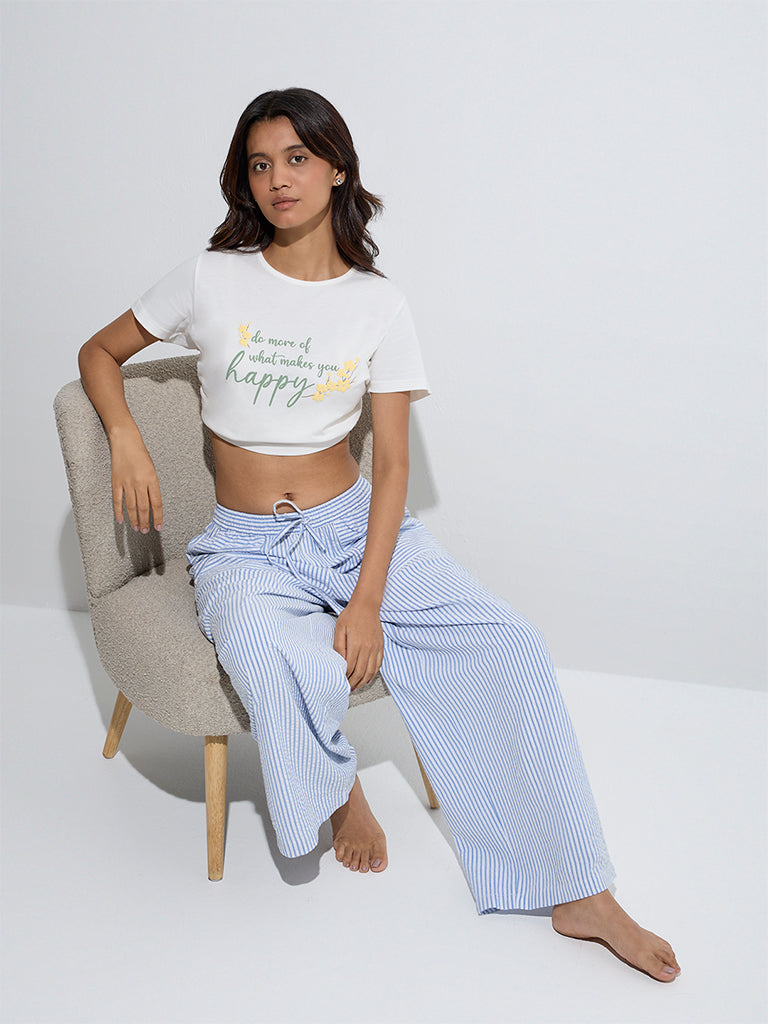 Wunderlove Blue Striped High-Rise Cotton-Blend Lounge Pants