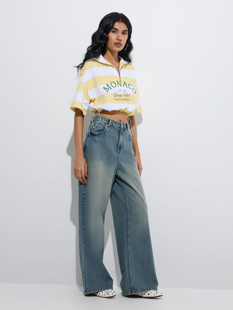 Westside Nuon Women's Blue Washed Relaxed-Fit High-Rise Jeans for Casual Wear Full Model View