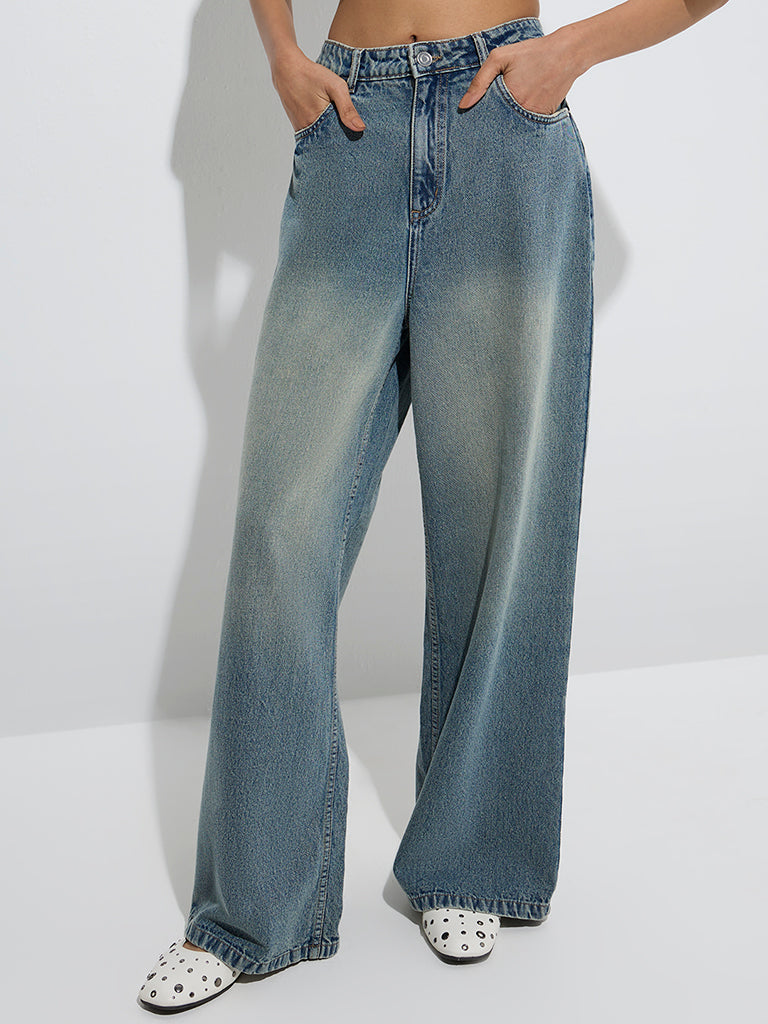 Westside Nuon Women's Blue Washed Relaxed-Fit High-Rise Jeans for Casual Wear Front View