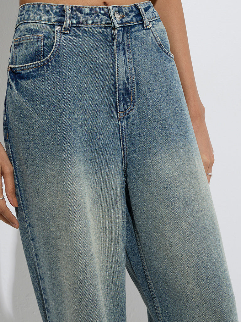 Westside Nuon Women's Blue Washed Relaxed-Fit High-Rise Jeans for Casual Wear Zoom View
