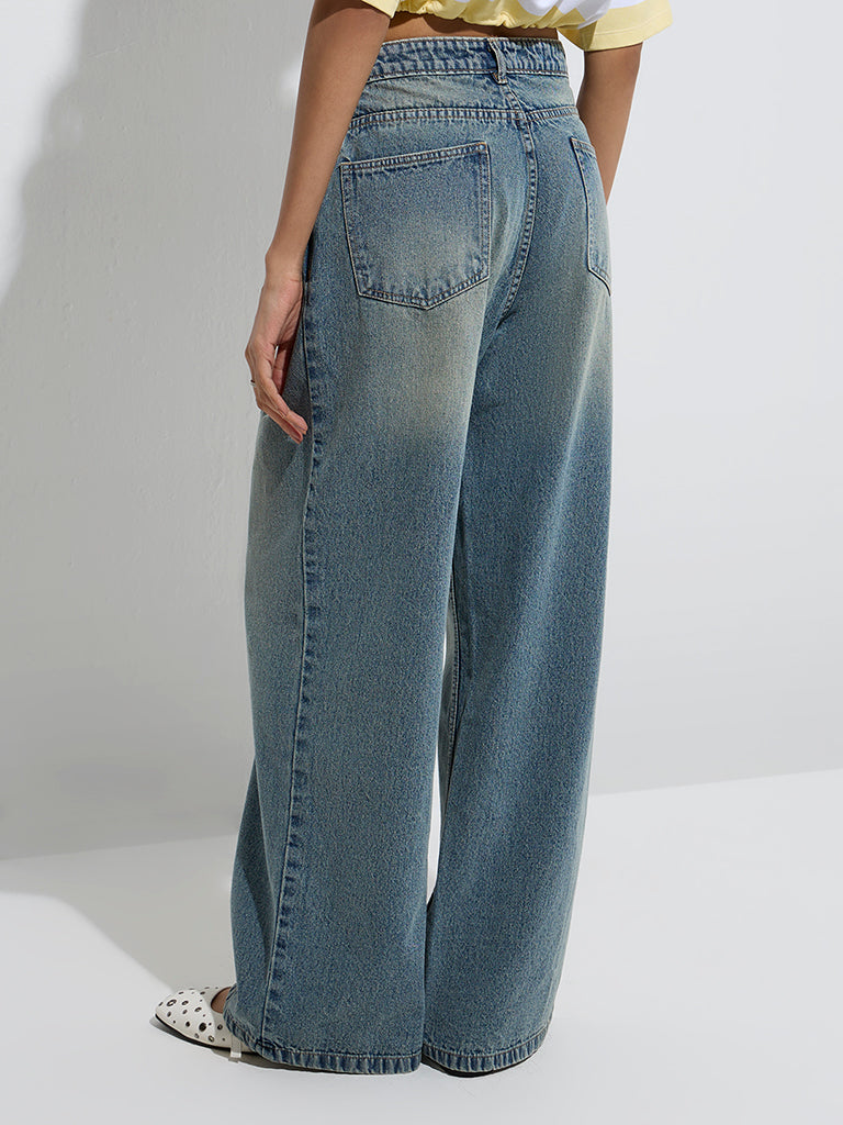 Westside Nuon Women's Blue Washed Relaxed-Fit High-Rise Jeans for Casual Wear Back View