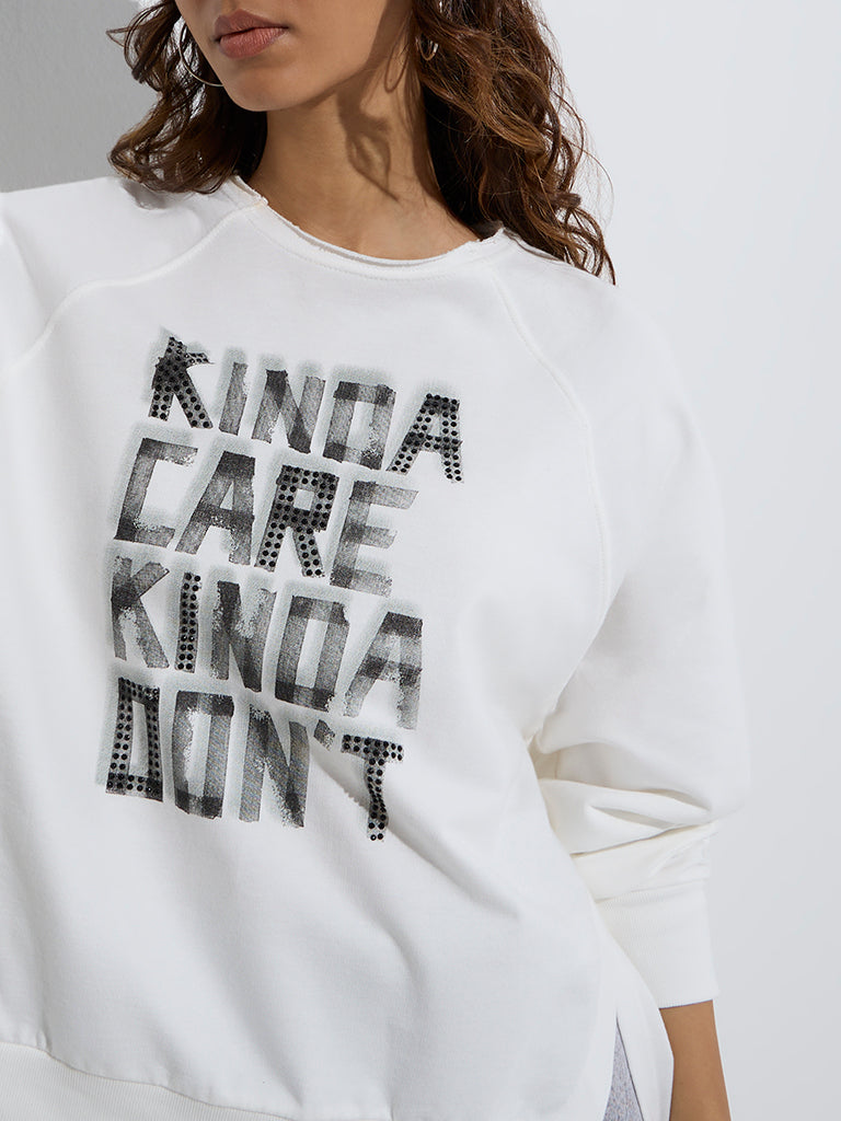 Nuon White Text Design Cotton Sweatshirt