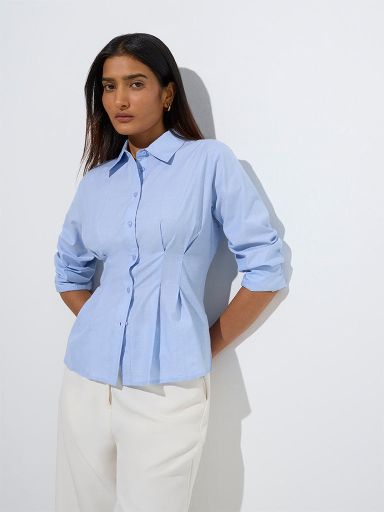 Westside Wardrobe Women's Blue Pintuck Design Cotton-Blend Shirt for Work Wear Front View
