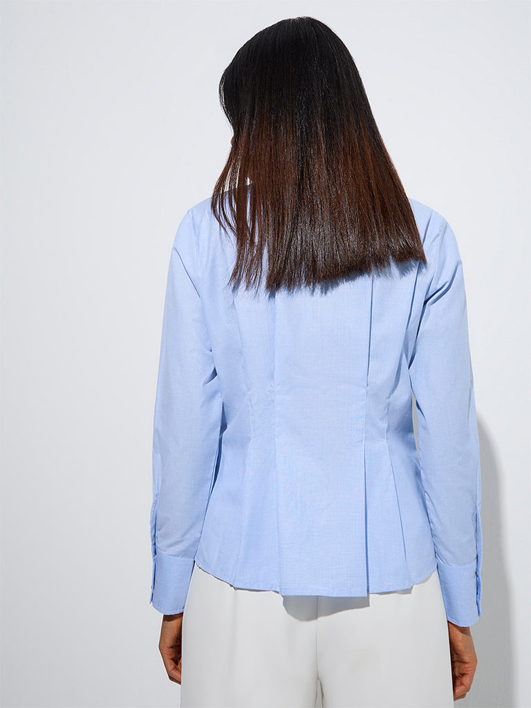 Westside Wardrobe Women's Blue Pintuck Design Cotton-Blend Shirt for Work Wear Back View