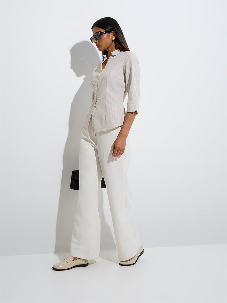 Westside Wardrobe Women's Taupe Striped Cotton-Blend Shirt for Work Wear Full Model View