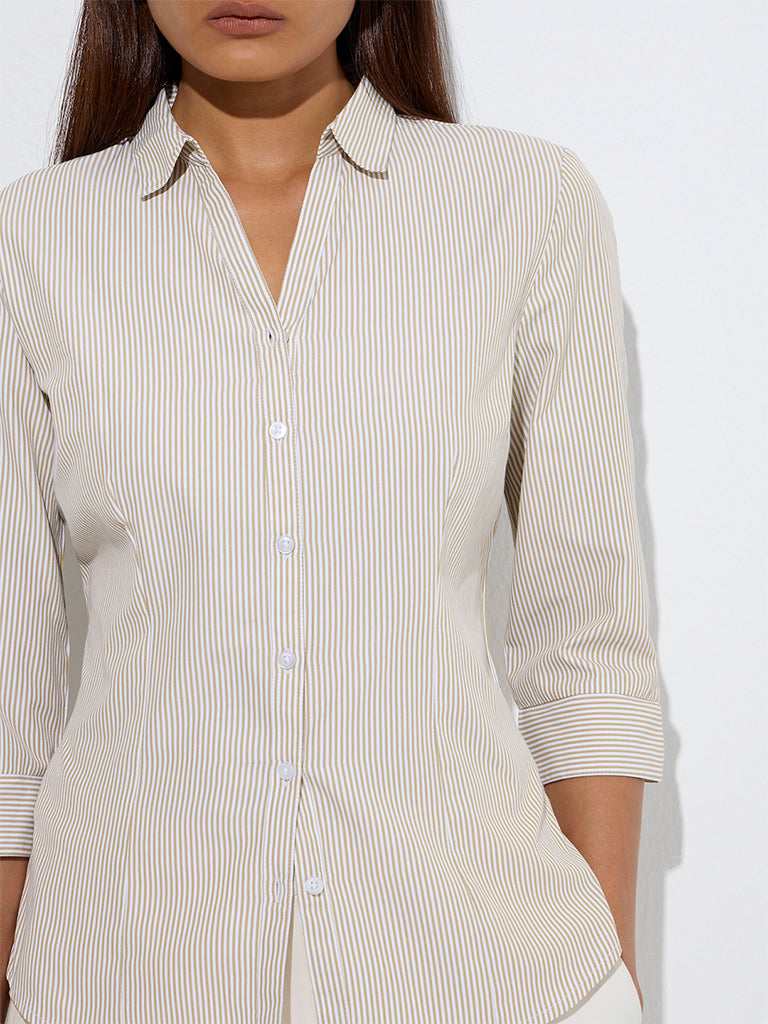 Westside Wardrobe Women's Taupe Striped Cotton-Blend Shirt for Work Wear Zoom View