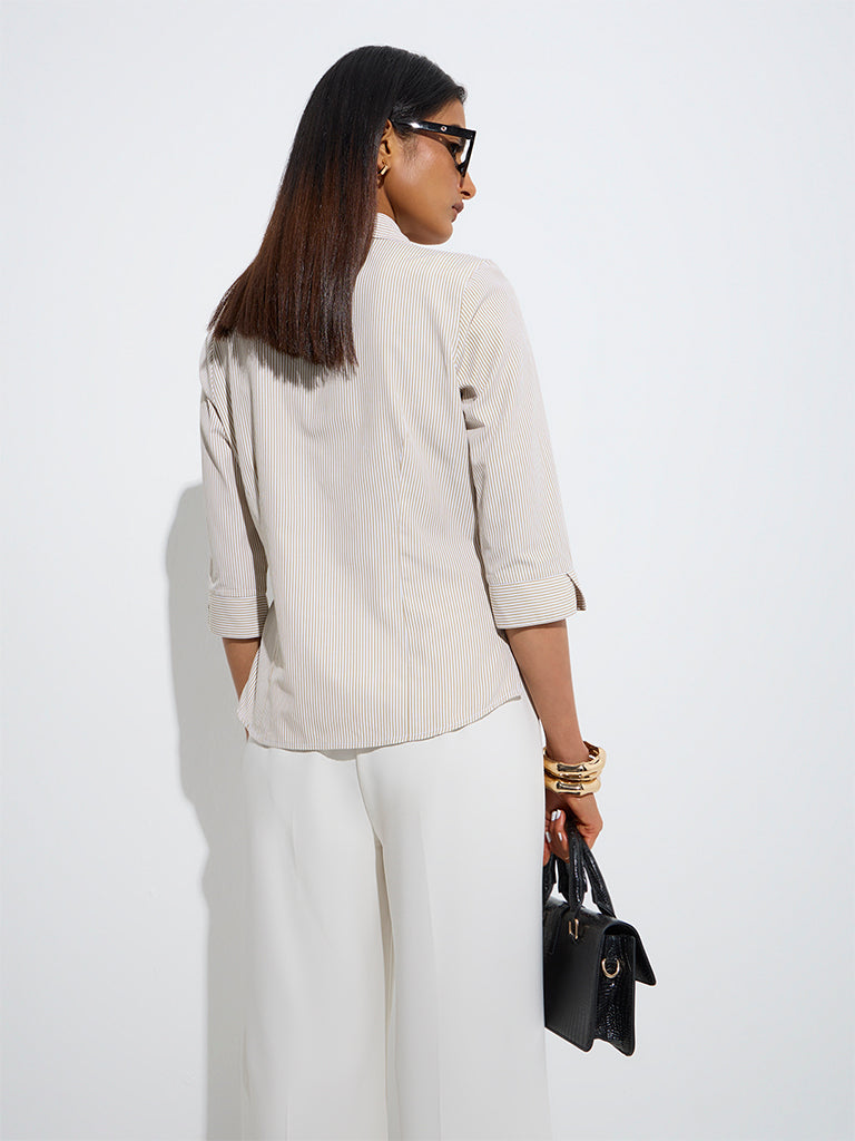 Westside Wardrobe Women's Taupe Striped Cotton-Blend Shirt for Work Wear Back View