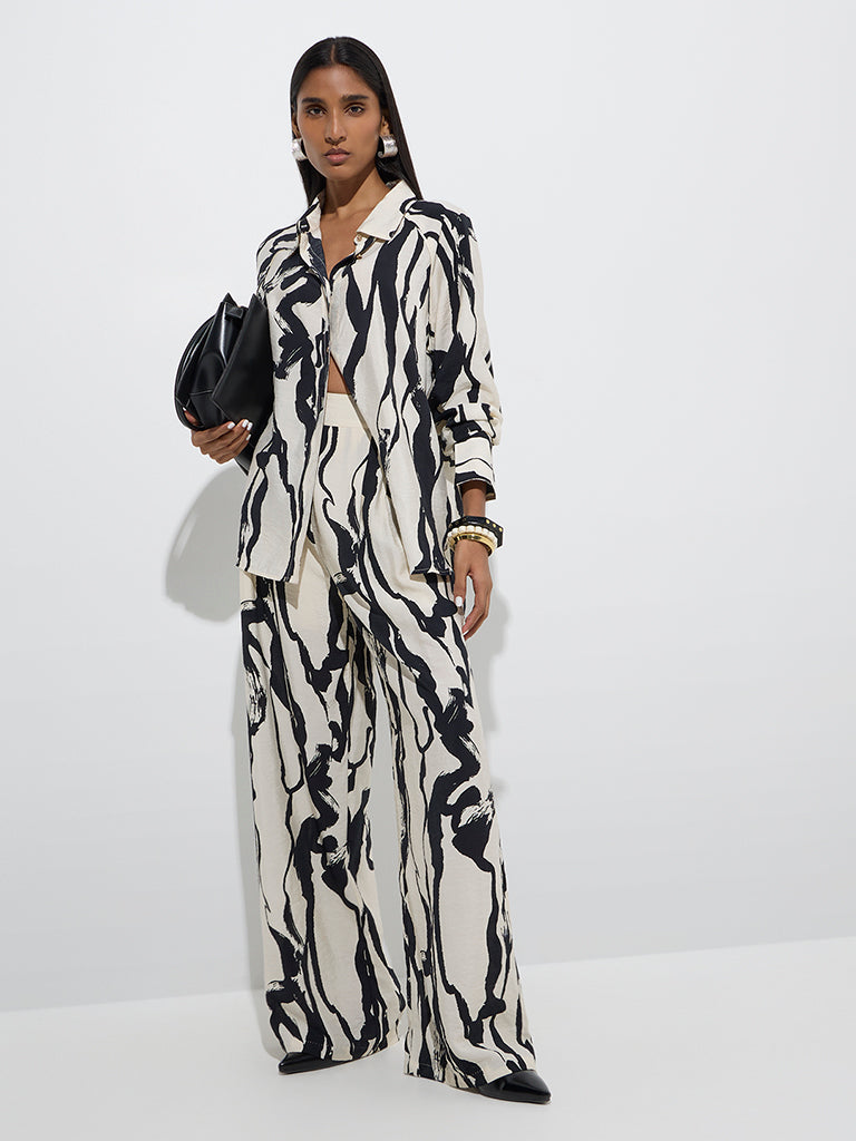 Westside Wardrobe Women's Off-White Abstract Design Cotton Shirt for Work Wear Full Model View
