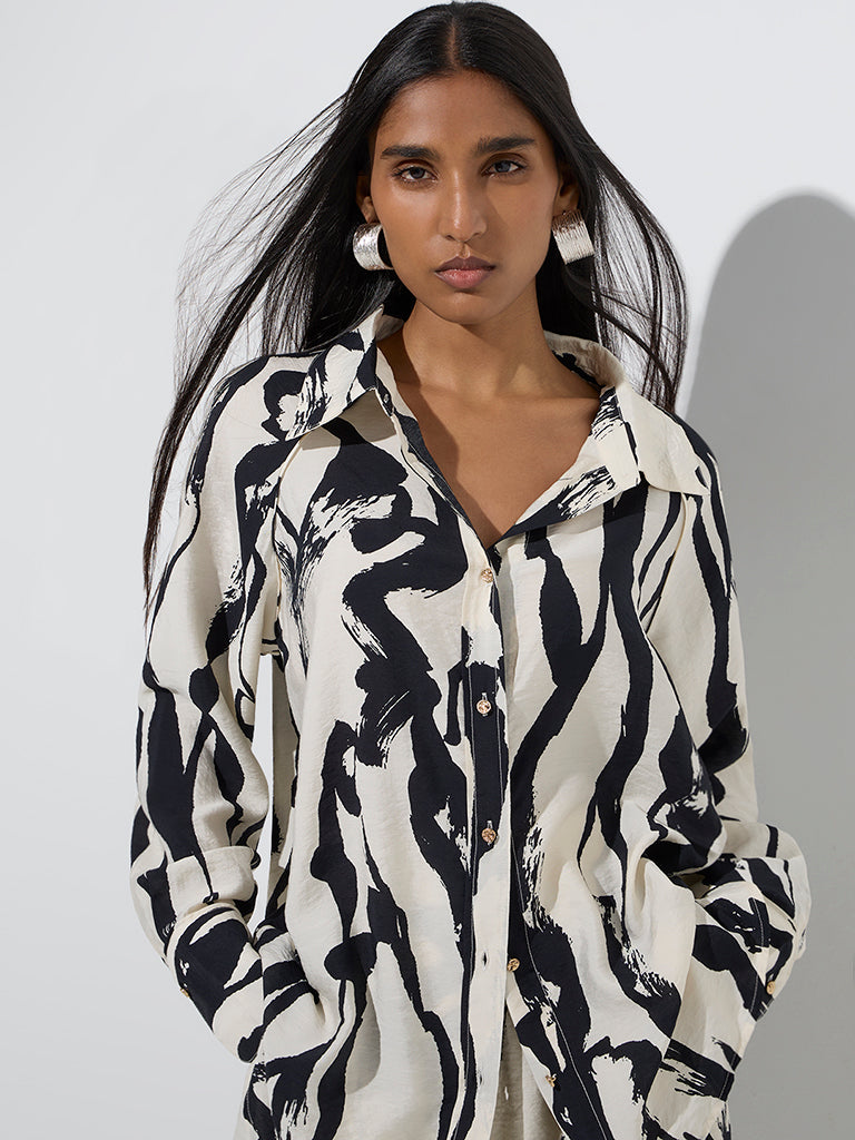 Westside Wardrobe Women's Off-White Abstract Design Cotton Shirt for Work Wear Zoom View