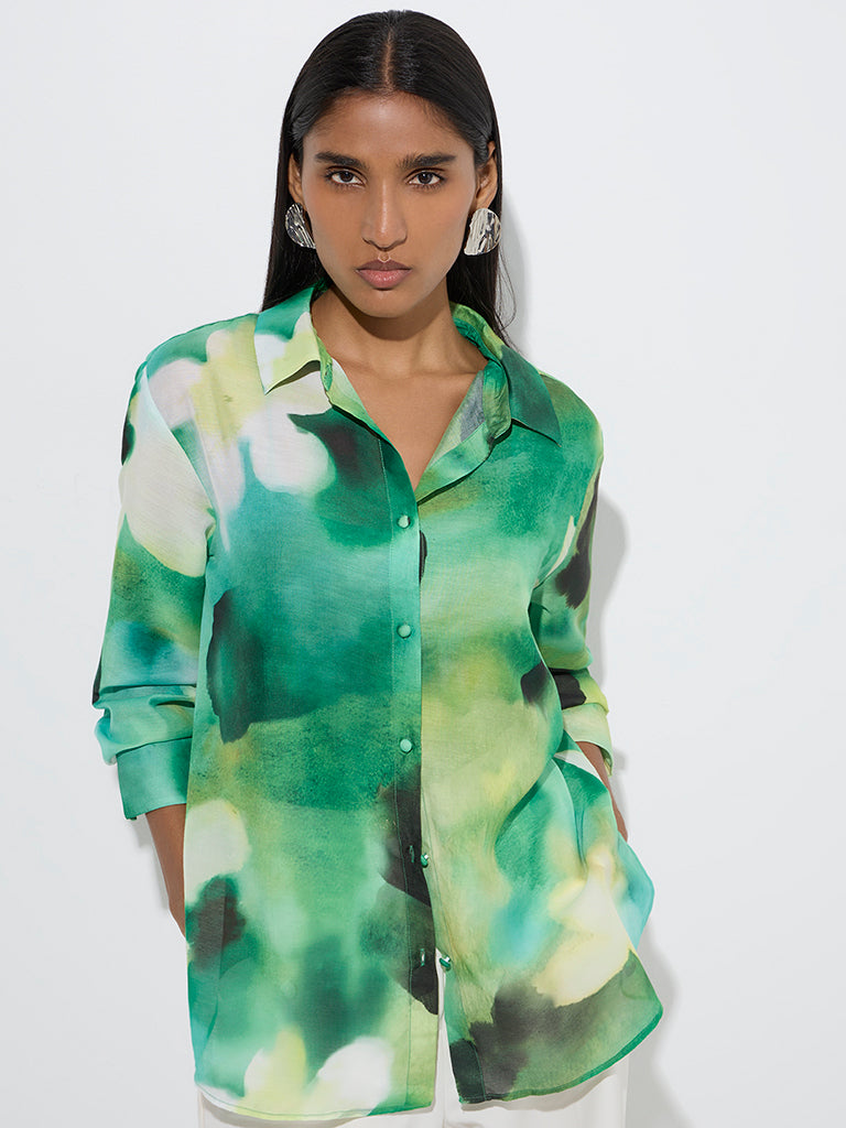 Westside Wardrobe Women's Green Abstract Pattern Shirt for Work Wear Front  View