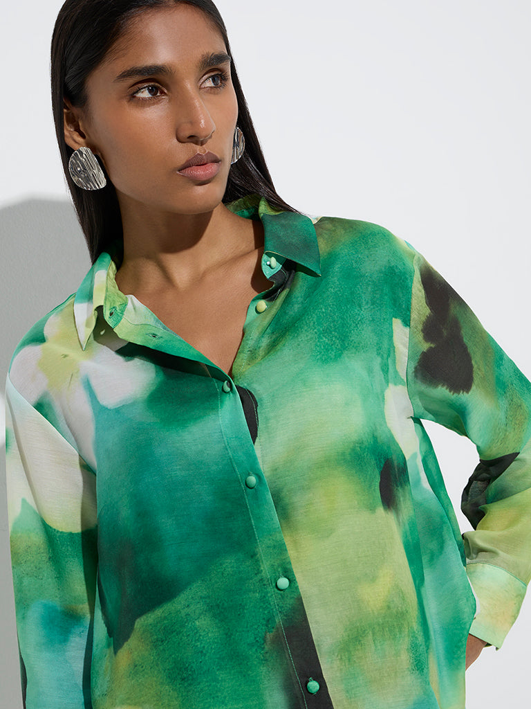 Westside Wardrobe Women's Green Abstract Pattern Shirt for Work Wear Zoom View