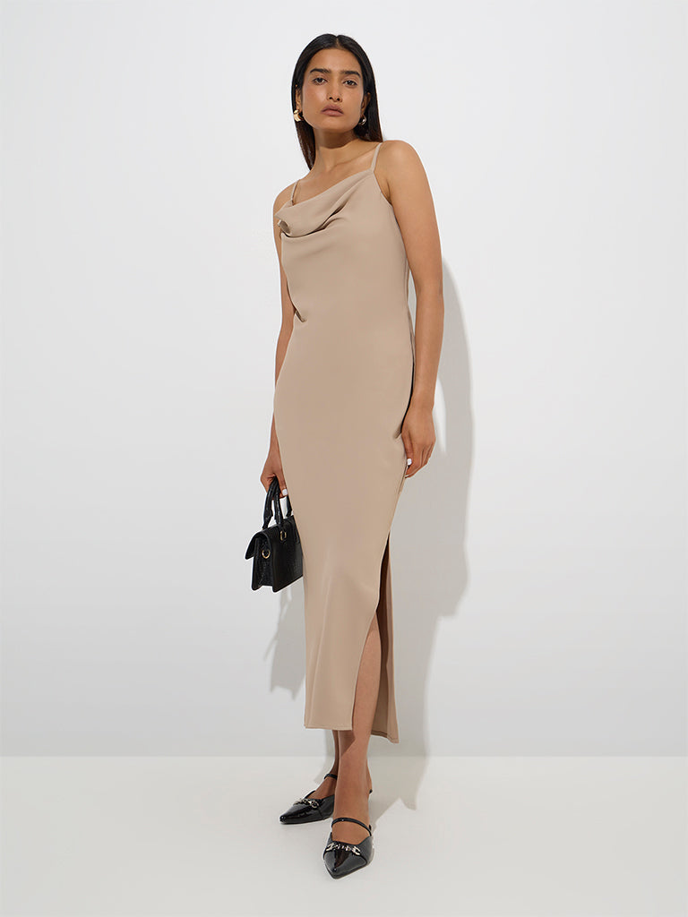 Westside Wardrobe Women's Beige Cowl Neck Straight Dress for Work Wear Full Model View