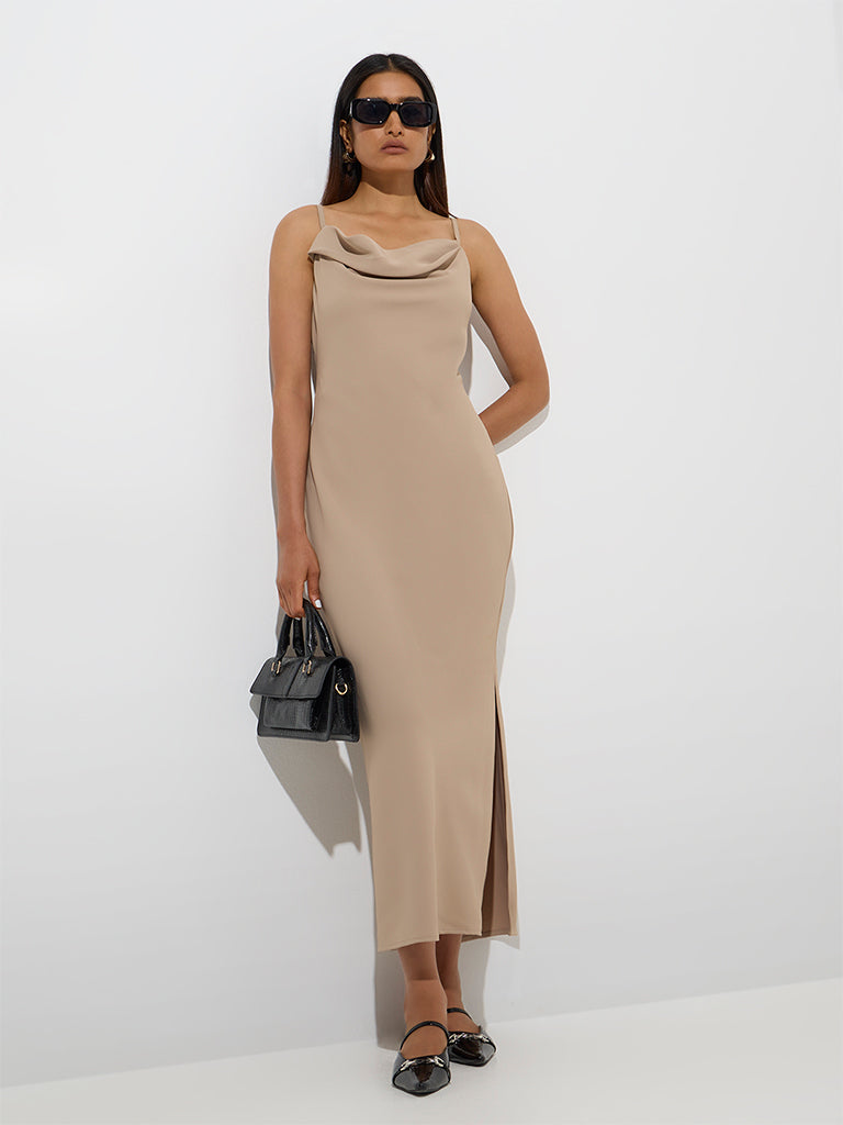 Westside Wardrobe Women's Beige Cowl Neck Straight Dress for Work Wear Front View