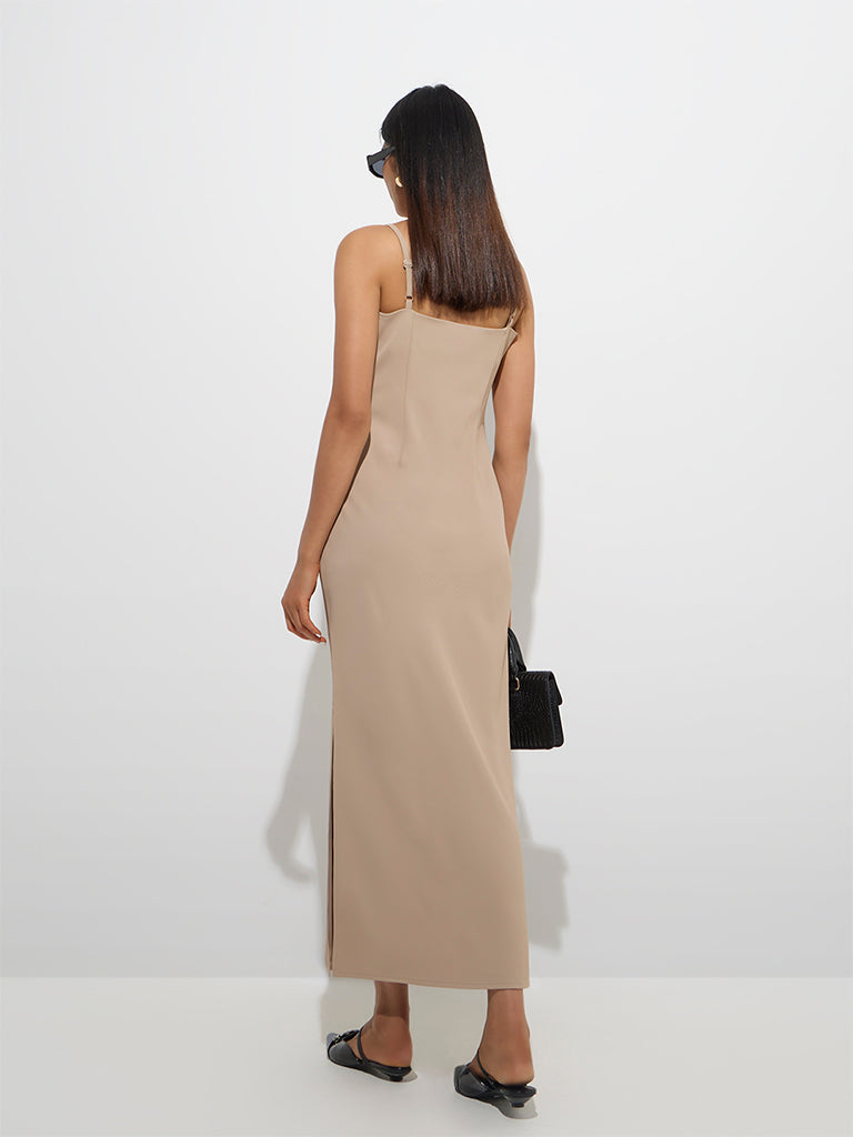 Westside Wardrobe Women's Beige Cowl Neck Straight Dress for Work Wear Back View
