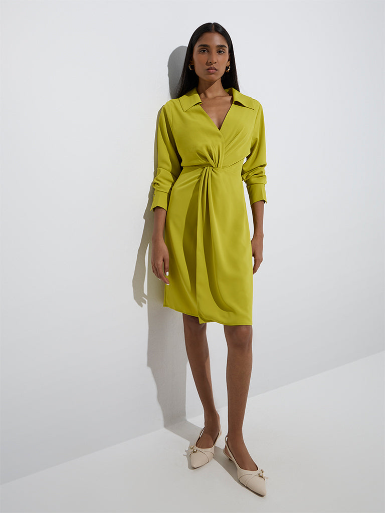 Westside Wardrobe Women's Lime Solid A-Line Dress for Work Wear Full Model View