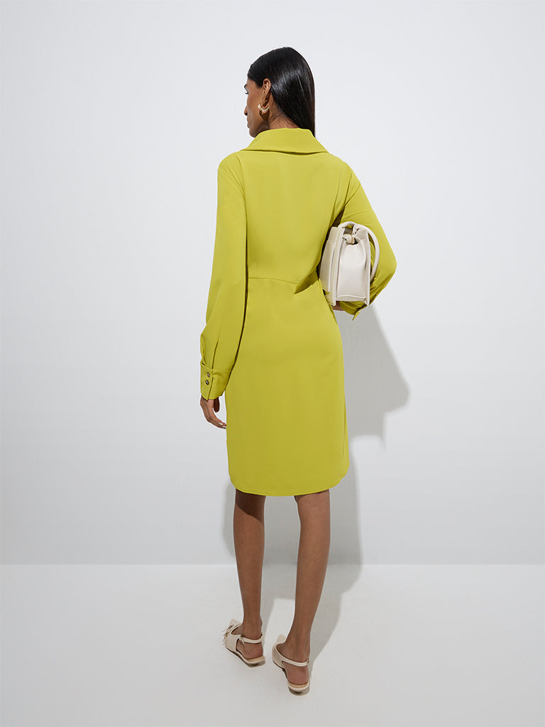 Westside Wardrobe Women's Lime Solid A-Line Dress for Work Wear Back View